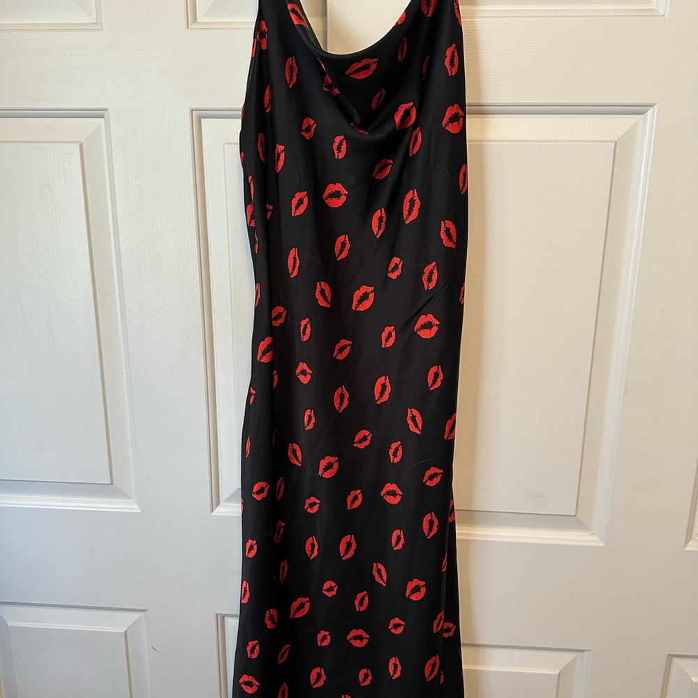 Inspired Hearts Black Maxi Slip Dress with Red Lip Print